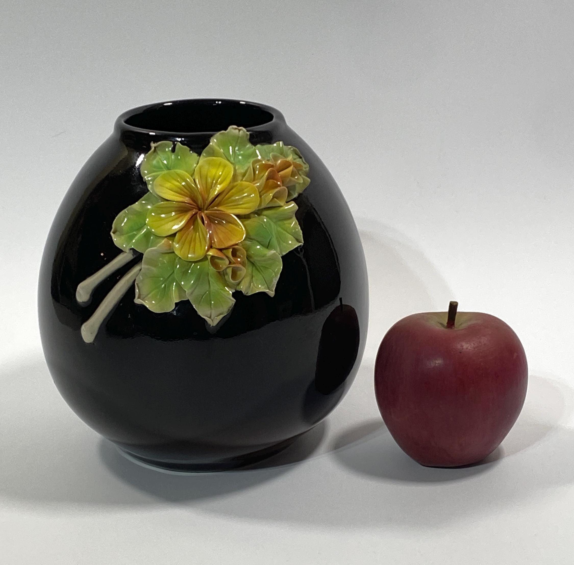 Gorgeous 7" Chocolate Brown Black Barbotine Floral Ceramic Vase Majolica Hand-Painted Studio Art