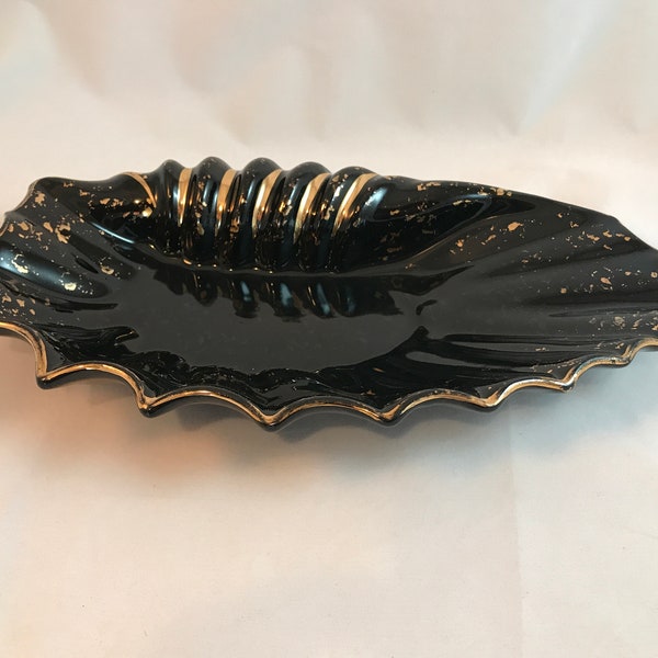 RARE 1940's Pearl China Co. Black Oval Dish with 22 Karat Gold Trim