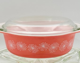 PYREX Pink Daisy 043 1.5 Quart bedeckte ovale Auflaufform - Passender 943 Glasdeckel - weiße Blumen auf Rosa