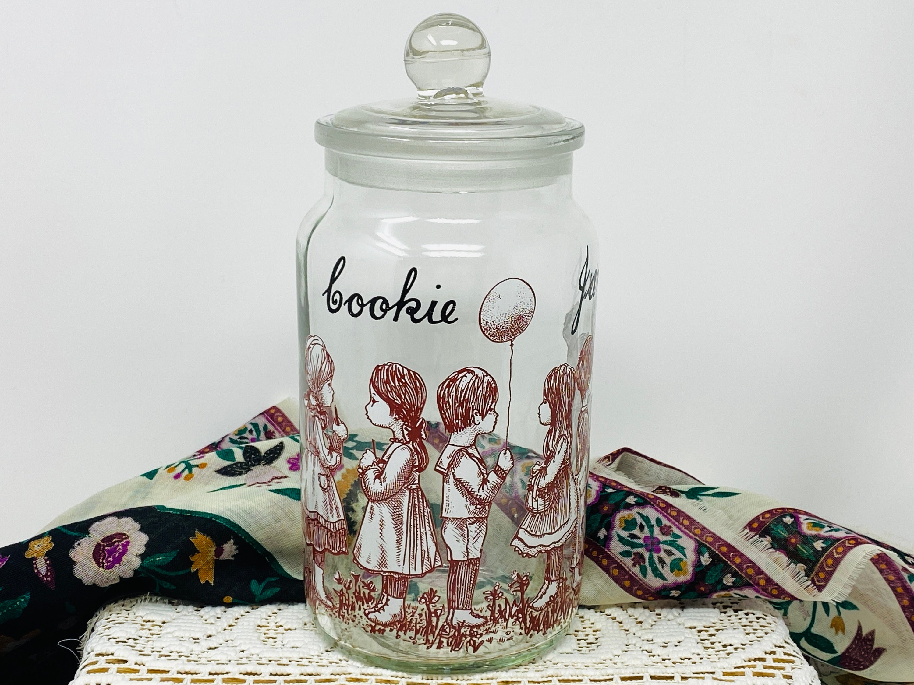 British Made Biscuit / Cookie Jar-Clear Glass-Children Design, with lid-  Vintage