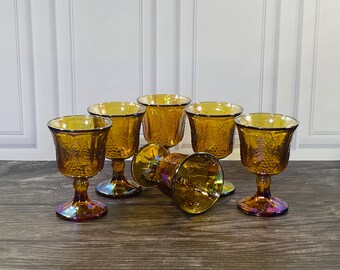 Vintage Indiana Glass Harvest Grape Goblets Marigold Carnival Glass Wine Water Glasses Set of 6, Iridescent Amber Gold Colony Glass MCM