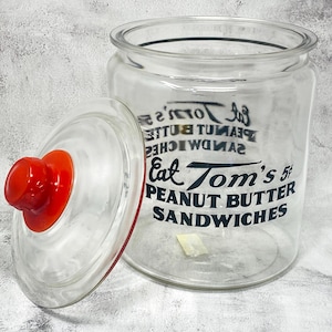 Vintage 14" Tom's 5 cents Peanut Butter Sandwiches Glass Jar with Red Knob Tom's Lid
