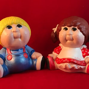 1984 Ceramic Cabbage Patch Style Kids - &quot;Jake&quot; Boy in Overalls and &quot;Bettina&quot; Girl with Bows 1984