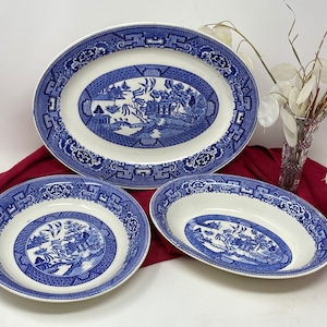 Lot of Homer Laughlin Blue Willow Serving Dishes - Blue Transferware - 1 11&quot; Oval Platter, 1 8&quot; Round Serving Bowl, 1 9&quot; Oval Vegetable Bowl