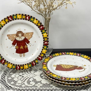 Sakura Gathering of Angels by Debbie Mumm Salad Plates - Set of 4 - Tree, Heart, Horn, Stars Patterns - 1997