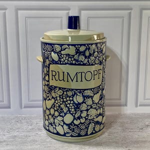 Jarra de ron antigua alemana Rumtopf Crock Marzi Remy 3041/7 de gres azul cobalto de 14,5 pulgadas.
