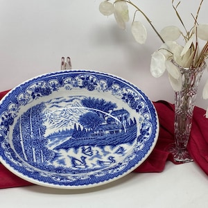 Unmarked Scenic Blue Transferware 10&quot; Oval Serving Bowl - Blue Willow Style Oval Vegetable Dish