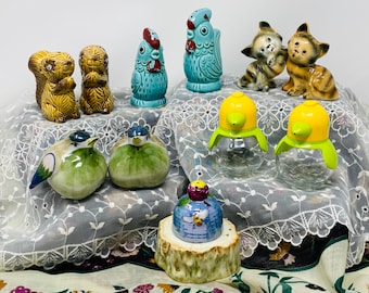 Cute Kitschy Salt & Pepper Shakers - Wiggly Eye Squirrels, Turquoise Roosters, Kittens, Fat Bluebirds, STOHA Germany Birds, Beehive Stump