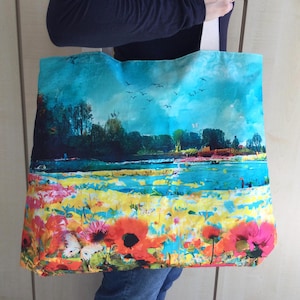 große Umhängetasche, Einkaufstasche, Shopper,  Strandtasche, Tasche mit Digitaldruck See Mohn Storch