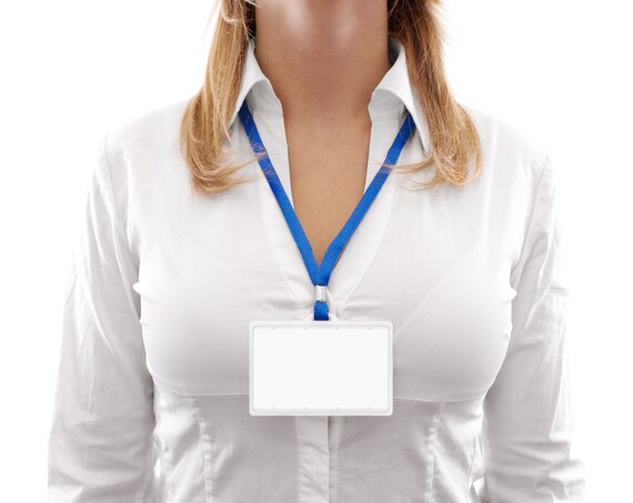 Name Badge Mockup On Womans Neck Display Mock Up