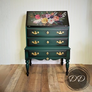 SOLD! Newly Refinished Painted Floral Bee Secretary Desk