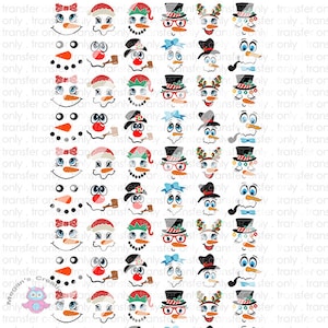May include: A sheet of snowman face designs with diverse accessories. Each snowman face features different expressions, hats, and accessories such as bows, glasses, and pipes. The designs are in a repeating pattern, ideal for crafting or sublimation projects.