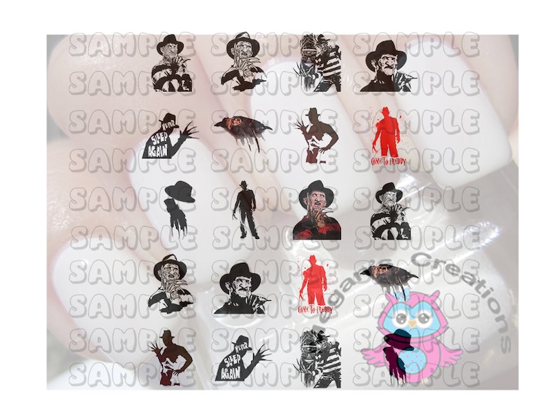 Puede incluir: Conjunto de 18 pegatinas para u&ntilde;as con Freddy Krueger de la franquicia de pel&iacute;culas Nightmare on Elm Street. Las pegatinas presentan varias im&aacute;genes de Freddy Krueger, incluyendo su guante ic&oacute;nico, su rostro y la frase "Sweet Dreams Are Made of This".