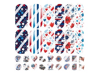 ¡Que comience la fiesta en EE. UU. el 4 de julio! Calcomanías patrióticas para el Día de la Independencia. Decoración completa para uñas. Calcomanías de uñas tipo waterslide.