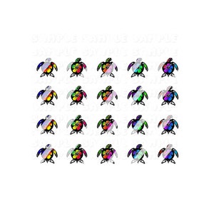 May include: Twenty-four colorful turtle designs with a hibiscus flower on their shell. The turtles are black with a rainbow gradient hibiscus flower.