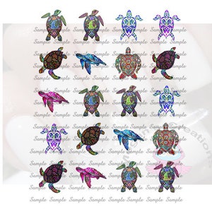 Könnte beinhalten: Ein Set mit 12 bunten, gemusterten Meeresschildkröten-Designs. Jede Schildkröte ist einzigartig und hat ein anderes Farbschema und Muster. Die Schildkröten sind in einem Rastermuster auf weißem Hintergrund angeordnet.