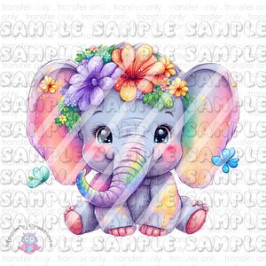 May include: A cute cartoon elephant with a rainbow trunk and a flower crown. The elephant is sitting with its legs crossed and has a happy expression on its face.