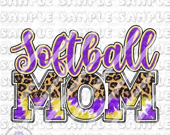 Softball Mom paars en goud, Softball Mama, tie-dye, luipaard Ready To Press Sublimation Transfer