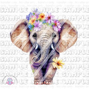 May include: A watercolour illustration of a baby elephant wearing a flower crown. The elephant is standing on a white background. The elephant has a light grey body and pink ears. The flower crown is made of purple, pink, yellow, and white flowers.