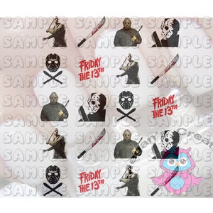 Puede incluir: Un conjunto de 12 pegatinas para u&ntilde;as con im&aacute;genes de la pel&iacute;cula de terror Viernes 13. Las pegatinas incluyen im&aacute;genes de Jason Voorhees, su m&aacute;scara de hockey y el logotipo del t&iacute;tulo de la pel&iacute;cula.