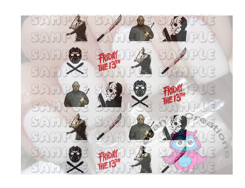 Puede incluir: Un conjunto de 12 pegatinas para u&ntilde;as con im&aacute;genes de la pel&iacute;cula de terror Viernes 13. Las pegatinas incluyen im&aacute;genes de Jason Voorhees, su m&aacute;scara de hockey y el logotipo del t&iacute;tulo de la pel&iacute;cula.