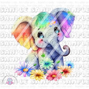 May include: A watercolour illustration of a cute elephant with rainbow coloured hair and a floral crown. The elephant is surrounded by colourful flowers.