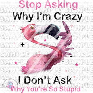 Puede incluir: Un flamenco rosa con un ojo negro y un pico negro, apuntando con su ala. El texto "Stop Asking Why I'm Crazy I Don't Ask Why You're So Stupid" está escrito en letras negras sobre un fondo blanco.