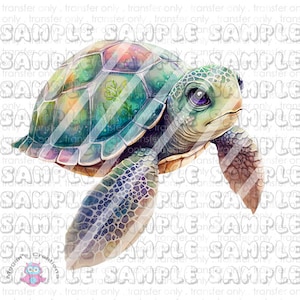 May include: A watercolor painting of a sea turtle with a colorful shell and a blue eye. The turtle is swimming in the water and has a peaceful expression on its face.