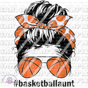 Può includere: Un'illustrazione digitale di una donna con un chignon disordinato che indossa una fascia con palloni da basket e pois bianchi. La donna indossa occhiali da sole con palloni da basket sulle lenti. Il testo "#basketballaunt" è sotto l'immagine.