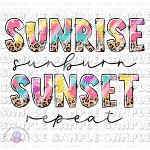 Puede incluir: Amanecer, bronceado, atardecer, repetir. Un diseño de tie-dye colorido con detalles de estampado de leopardo.