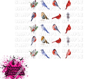 Calcomanías navideñas para uñas con pájaros de invierno y cardenales