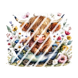 Pode incluir: Uma ilustração em aquarela de uma vaca Highland marrom sentada em uma carroça azul com rodas. A carroça está cercada por flores coloridas.