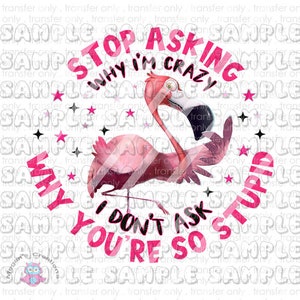 Flamingo Deja de preguntar por qué estoy loco Diseño #2 Calcomanías transparentes al agua