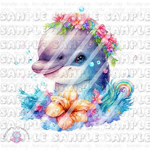 May include: A watercolour illustration of a smiling dolphin wearing a floral crown. The dolphin is surrounded by blue water, flowers, and a rainbow swirl. The image has a whimsical and colourful design.