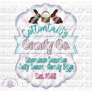 May include: A pink and blue vintage-style logo for a candy shop called "Cottontail's Candy Co." with the text "Chocolate Bunnies, Jelly Beans - Candy Eggs, Est. 1682". Two cartoon bunnies with blue bows are holding a basket of Easter eggs.