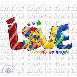 Op de afbeelding: Een kleurrijke illustratie van het woord "LOVE" met een puzzelstuk-olifant in het midden. De letters zijn gemaakt van puzzelstukken en de olifant draagt een puzzelstuk-shirt. De tekst "needs no words" staat onder de letters.