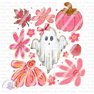 Può includere: Una collezione di grafiche rosa e oro a tema autunnale, tra cui un fantasma con fiocco, fiori, una zucca, una ghianda e una foglia. Adatto per progetti di artigianato e design stagionali.
