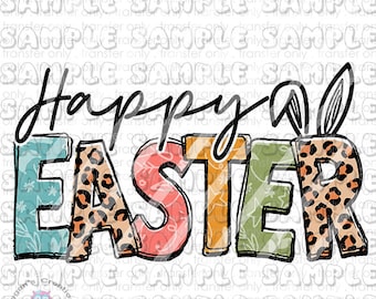 May include: Happy Easter text with a bunny ear design. The letters are in a colorful, patterned style with a leopard print design.