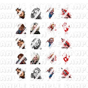 Puede incluir: Un collage digital de 10 im&aacute;genes con un personaje ficticio de la pel&iacute;cula de terror Child's Play. Las im&aacute;genes incluyen una huella de mano ensangrentada, un cuchillo con la palabra "Chucky" en &eacute;l, y varias im&aacute;genes del personaje Chucky, incluyendo un primer plano de su rostro, una imagen de cuerpo entero, y una escena donde est&aacute; rompiendo una pared.