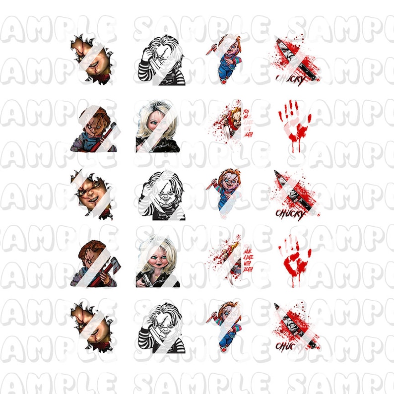 Puede incluir: Un collage digital de 10 im&aacute;genes con un personaje ficticio de la pel&iacute;cula de terror Child's Play. Las im&aacute;genes incluyen una huella de mano ensangrentada, un cuchillo con la palabra "Chucky" en &eacute;l, y varias im&aacute;genes del personaje Chucky, incluyendo un primer plano de su rostro, una imagen de cuerpo entero, y una escena donde est&aacute; rompiendo una pared.