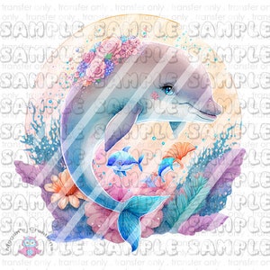 May include: A watercolour illustration of a dolphin wearing a flower crown, swimming in a coral reef with other fish. The dolphin is light blue and grey, with a pink flower crown. The coral reef is a vibrant mix of pink, purple, and blue.