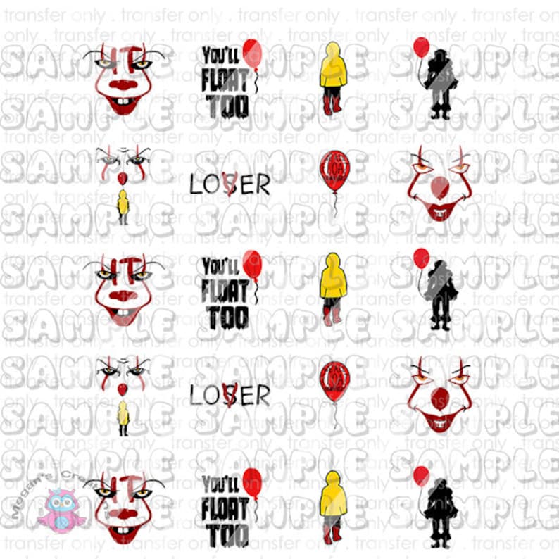Puede incluir: Una hoja digital de 10 dise&ntilde;os de arte para u&ntilde;as con los personajes y frases ic&oacute;nicos de la pel&iacute;cula "It". Los dise&ntilde;os incluyen una cara de payaso, un globo rojo, una gabardina amarilla y las frases "It", "You'll Float Too" y "Loser".