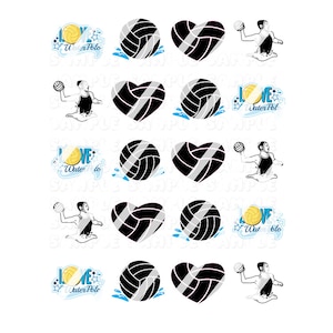 May include: A set of 10 water polo themed nail decals. The decals feature a black and white water polo ball, a heart-shaped water polo ball, and a player holding a water polo ball. The decals also include the text "Love Water Polo" with stars.