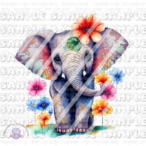 May include: A watercolor painting of a gray elephant with colorful flowers. The elephant has a green leaf on its head and is surrounded by pink, blue, yellow, and orange flowers.