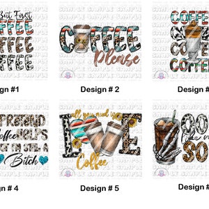Peut inclure: Six modèles sur le thème du café avec du texte et des graphiques. Les modèles incluent des phrases comme « But First Coffee », « Coffee Please » et « Cold Like My Soul ». Chaque modèle présente des tasses à café et des motifs décoratifs.