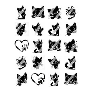 Może przedstawiać: Zestaw 18 czarno-białych naklejek z sylwetkami kotów. Naklejki przedstawiają różne pozy kotów, w tym siedzące, stojące i leżące. Niektóre naklejki zawierają odcisk łapy.