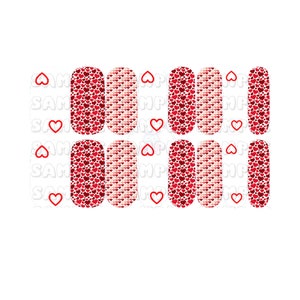 May include: Nail art stickers featuring a Valentine's Day theme. The stickers have a white background with red heart outlines and various designs of red hearts. The designs include solid hearts and heart patterns.