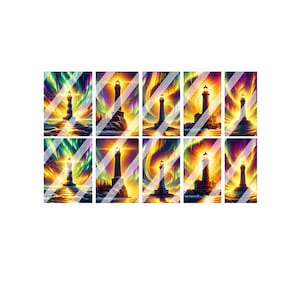 Puede incluir: Nueve ilustraciones digitales de un faro con una aurora boreal colorida en el fondo. Cada imagen presenta una combinación de colores y un ángulo del faro diferentes.