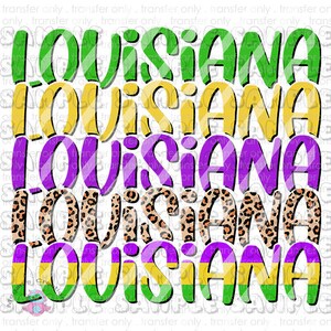 Könnte beinhalten: Fünf übereinander gestapelte Bilder des Wortes "LOUISIANA" in verschiedenen Farben und Mustern. Das oberste Bild ist grün-weiß gestreift, das zweite ist gelb-weiß gestreift, das dritte ist lila-weiß gestreift, das vierte ist braun-orangefarben mit Leopardenmuster und das unterste ist lila-gelb-grün gestreift.