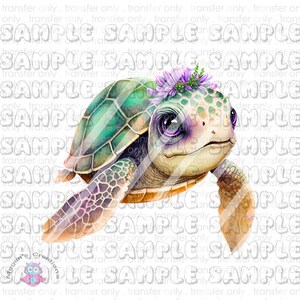 May include: A watercolor illustration of a sea turtle with a purple flower crown. The turtle has a green shell and a light brown body. The turtle is looking to the right.
